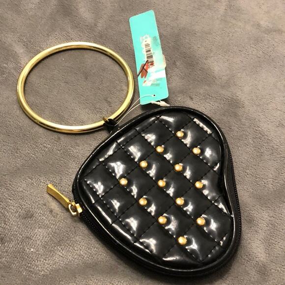 Black Zippered Bangle Wristlet Faux Leather Gold Studs Club Festival Mini Purse - Picture 2 of 5